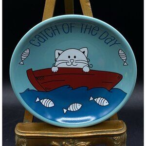 Whisker City Cat Food Dish Teal Ceramic Saucer Cat in Boat 5.25"